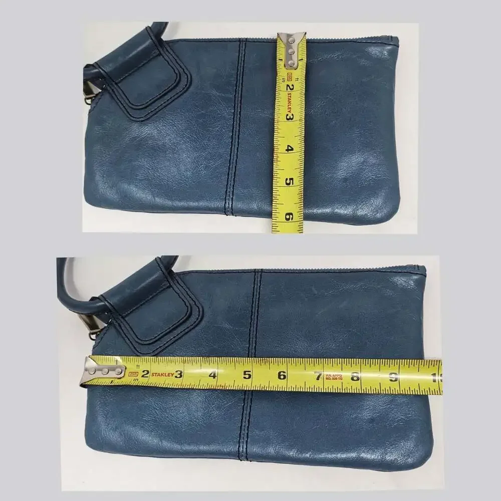 HOBO Sable Clutch Leather Wristlet Blue Circular Handle Brass Tone Hardware